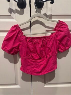 Pink Off-Shoulder Puff Sleeve Crop Top